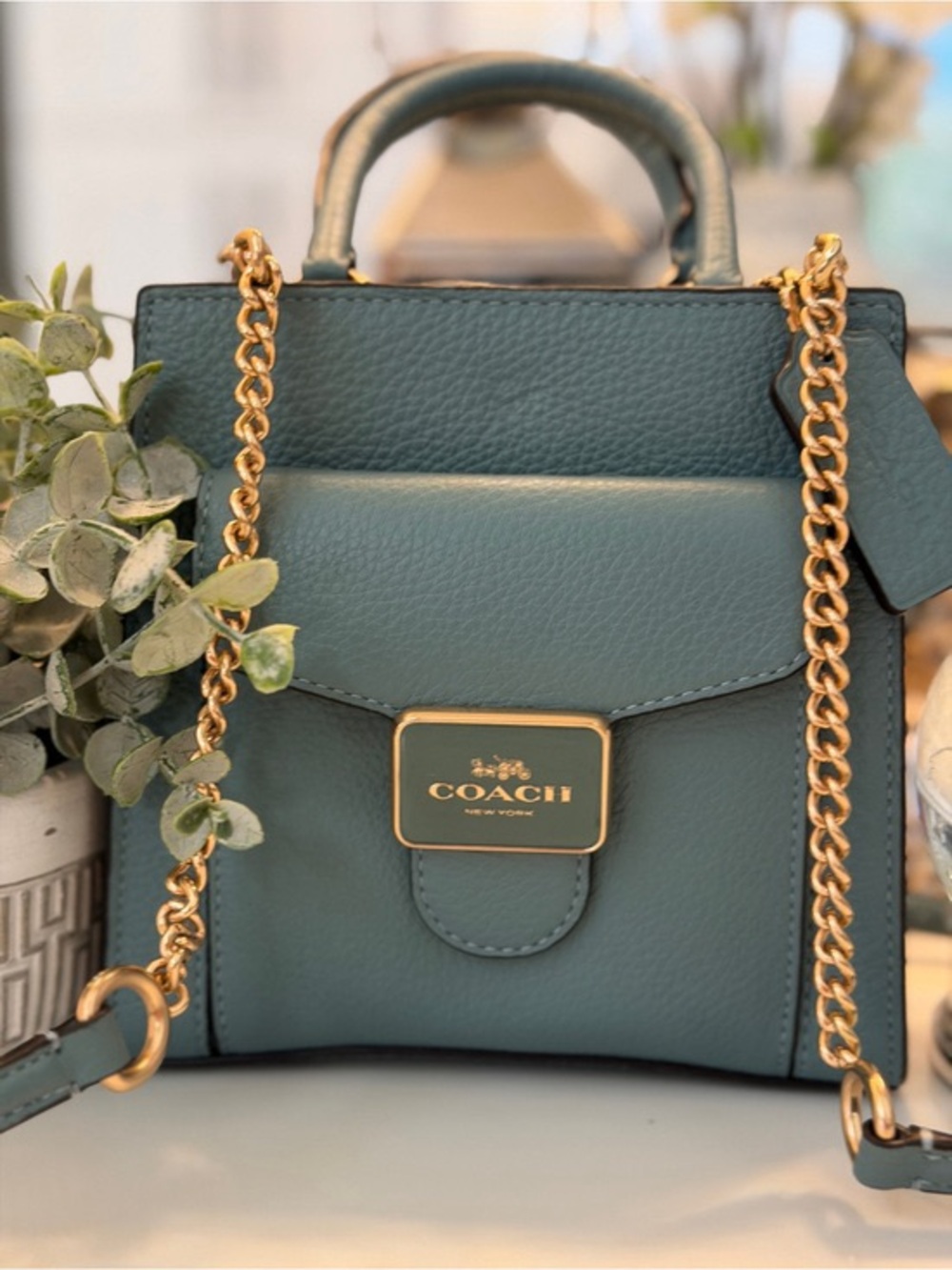 New! COACH Teal Green Leather Mini Pepper Crossbody Satchel gold accents